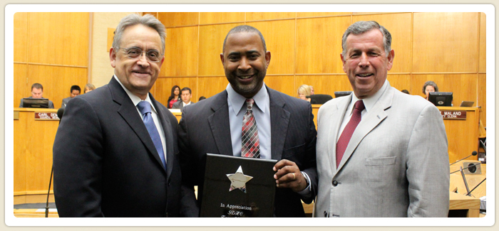 <span>“In Appreciation”</span><br> 2011 Excellence Award from the Pacific Southwest Regional Council of the National Association of Housing and Redevelopment Officials was presented to City Council President, Tony Young by President & CEO Richard C. Gentry and Chairman of the Housing Commission Board, Gary Gramling.06.21.11  
